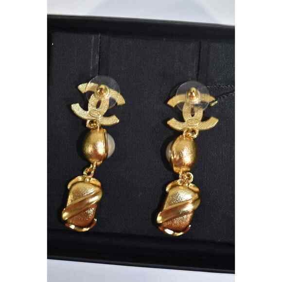 Chanel 22A Gold Pearl White Crystal XL Logo Large Dangle Drop Statement Earrings - Picture 9 of 12